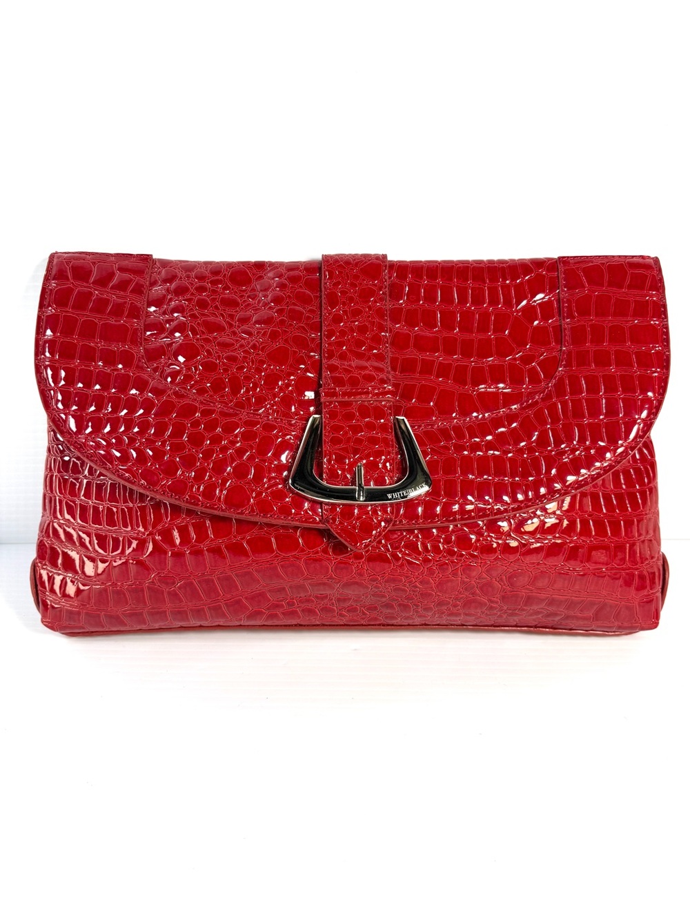 White House Black Market Red Croc-Embossed Clutch with Buckle